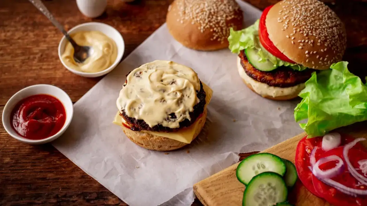 Pyszny burger z bogatym sosem do burgera, ketchupem i świeżymi dodatkami.