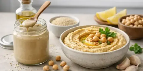 Pyszny hummus z ciecierzycą, czosnkiem i oliwą. Słoik z kremowym tahini, które jest kluczowym składnikiem.