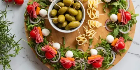 Okrągła deska z 4 wypróbowanymi sałatkami na patyczkach: pomidorki, salami, kulki mozzarelli, marchewka, rukola i oliwki.