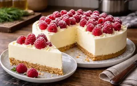 Pyszny sernik z mascarpone, udekorowany malinami i cukrem pudrem. Idealny na deser.