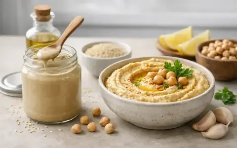 Pyszny hummus z ciecierzycą, czosnkiem i oliwą. Słoik z kremowym tahini, które jest kluczowym składnikiem.