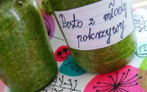 Dwa słoiki z zielonym pesto z pokrzywy, jedno z etykietą "Pesto z młodej pokrzywy".