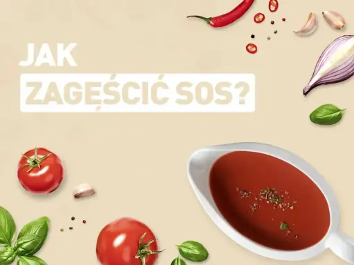 Jak zagęścić sos? Na tle składników: pomidory, bazylia, czosnek, cebula, papryczka chili i pieprz.