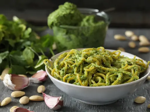 Miseczka spaghetti z aromatycznym pesto z pietruszki, czosnkiem i migdałami.