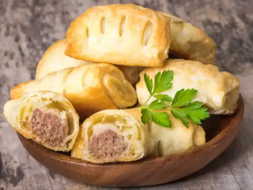 Stos pieczonego ciasta francuskiego z kiełbaską w środku, ozdobiony gałązką pietruszki.