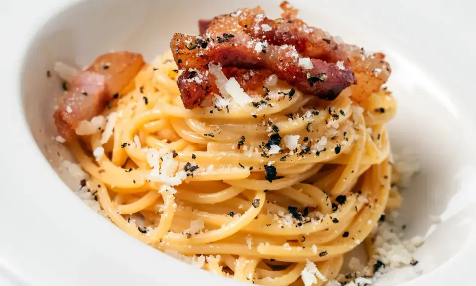 Pyszna carbonara z chrupiącym boczkiem, posypana parmezanem i pieprzem. Idealny boczek do carbonary to klucz do sukcesu.