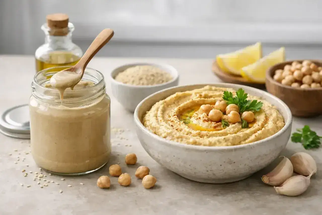 Pyszny hummus z ciecierzycy, oliwy i czosnku. Obok słoik z tahini, czyli pastą sezamową, która nadaje mu kremową konsystencję.